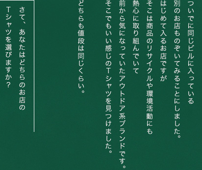 ついでに同じビルに入っている別のお店ものぞいてみることにしました。はじめて入るお店ですがそこは商品のリサイクルや環境活動にも