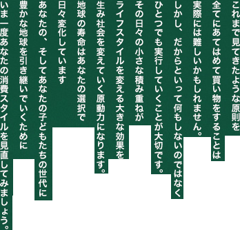 これまで見てきたような原則を全てにあてはめて買い物をすることは実際には難しいかもしれません。